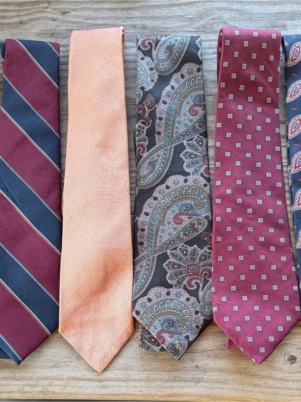 Dior Men's Neckties in Burgundy, Navy, Peach, Brown and Gray Patterns